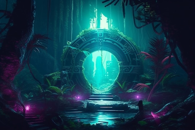 Portale mistico nella giungla Portale futuristico in colore neon nella foresta Concetto fantastico futuristico Illustrazione di alta qualità