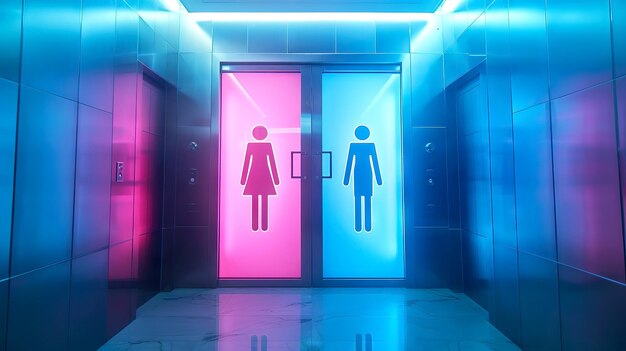 Porte di bagno pubbliche di genere con illuminazione rosa e blu vivace in un interno moderno