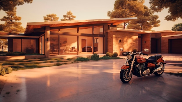 Porte di garage moderne con carport motocicletta parcheggiata nel vialetto motocicletta di fronte alla casa AI generativa