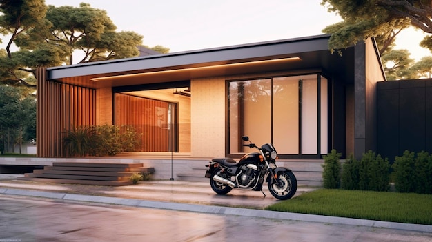 Porte di garage moderne con carport motocicletta parcheggiata nel vialetto motocicletta di fronte alla casa AI generativa