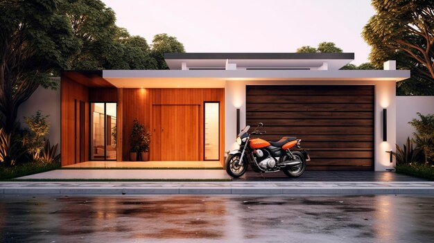 Porte di garage moderne con carport motocicletta parcheggiata nel vialetto motocicletta di fronte alla casa AI generativa