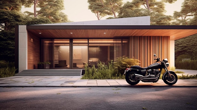 Porte di garage moderne con carport motocicletta parcheggiata nel vialetto motocicletta di fronte alla casa AI generativa