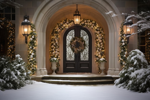Porte e finestre eleganti addobbate nell'allegria delle vacanze di Natale