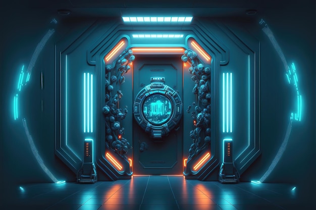 Porte high-tech intergalattiche con display degli strumenti e luce al neon Stanza astratta con porte entrata della stazione scientifica dell'astronave AI