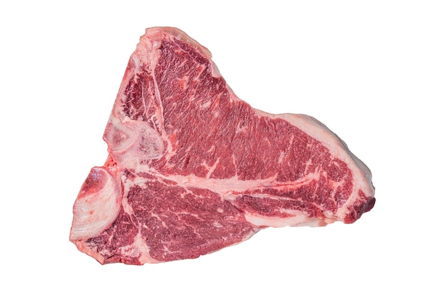 Porterhouse Tbone bistecca di carne di manzo cruda isolata su sfondo bianco