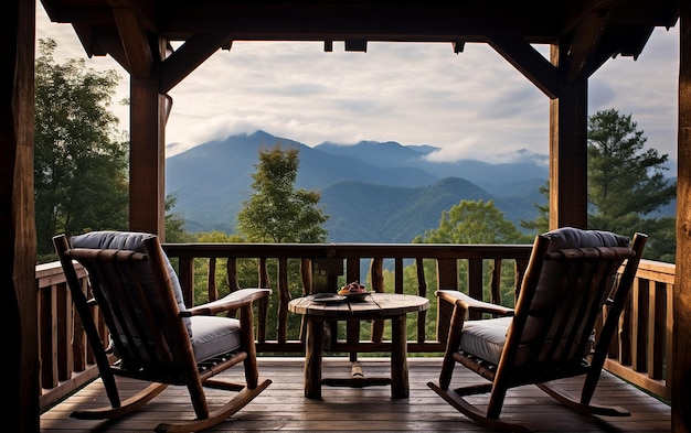 Portico della cabina e montagne maestose