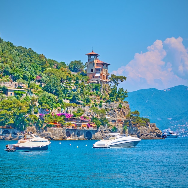 Porto di Portofino con barche e yacht in giornata di sole estivo, riviera italiana, Italy
