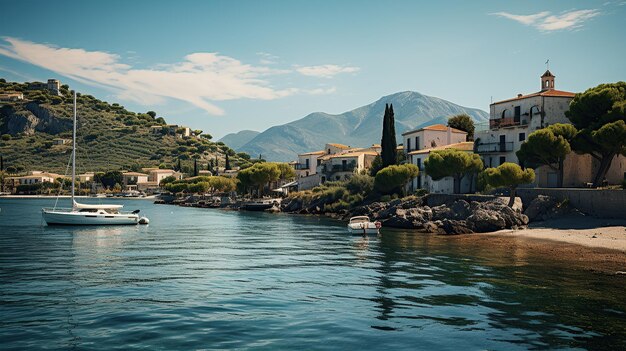 Porto marino di una città mediterranea con un piccolo faro IA generativa