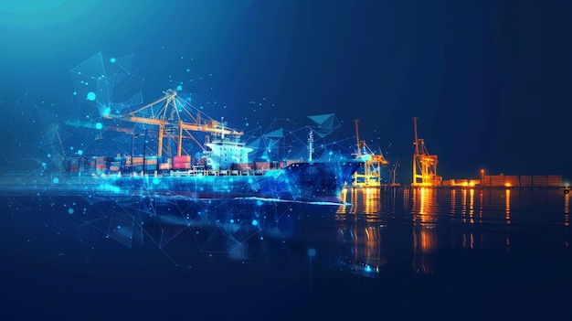 Porto merci 3D in blu scuro con gru per navi e container 3D navi da container trasporto logistica business o concetto di spedizione mondiale Abstract moderna illustrazione a maglia