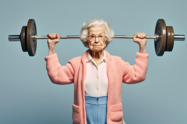 Portrait di una donna anziana che solleva pesi in studio