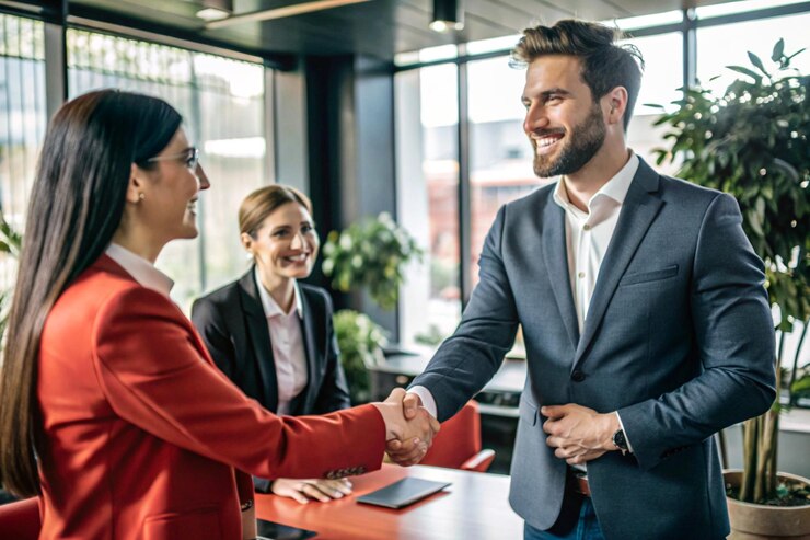 Portrait of a Cheerful Young Manager Shaking Hands with a New Employee in a Modern Office Setting