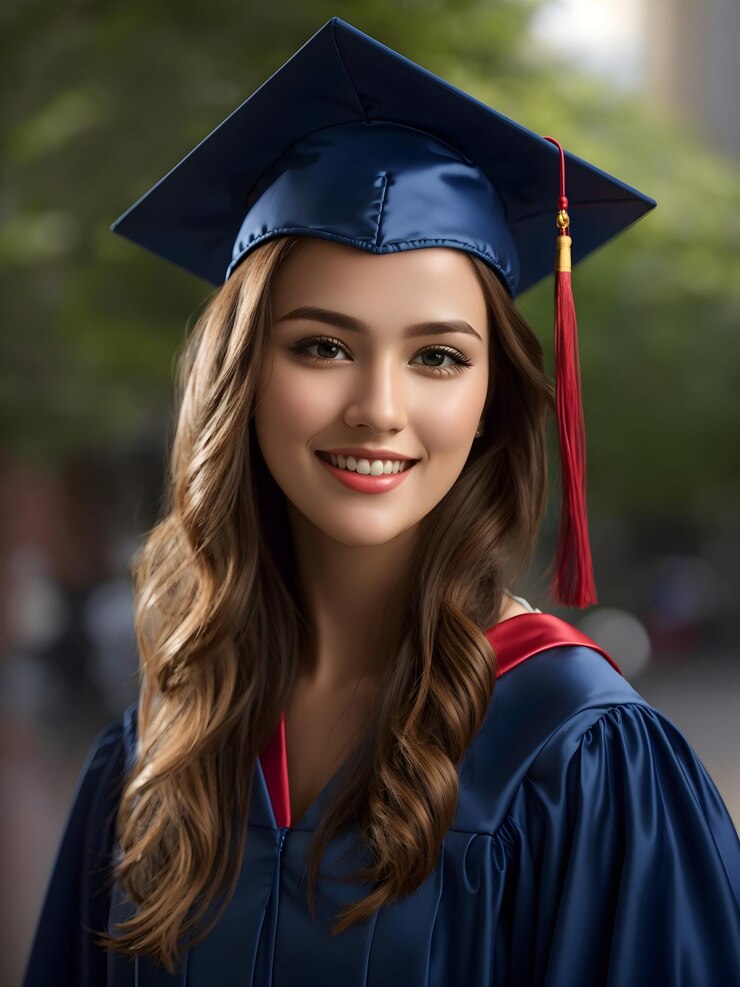 Portrait of a happy beautiful graduate girl with graduation gown and cap