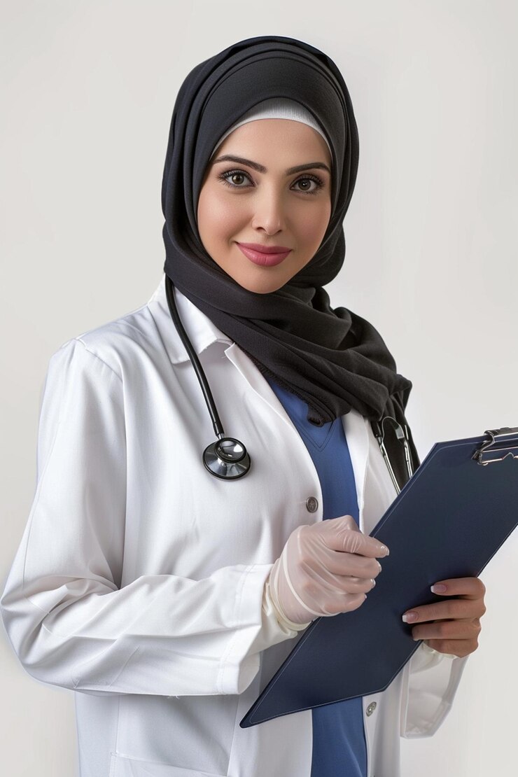 Portrait of a young Muslim woman doctor standing in the hall of the hospital dressed in a hijab