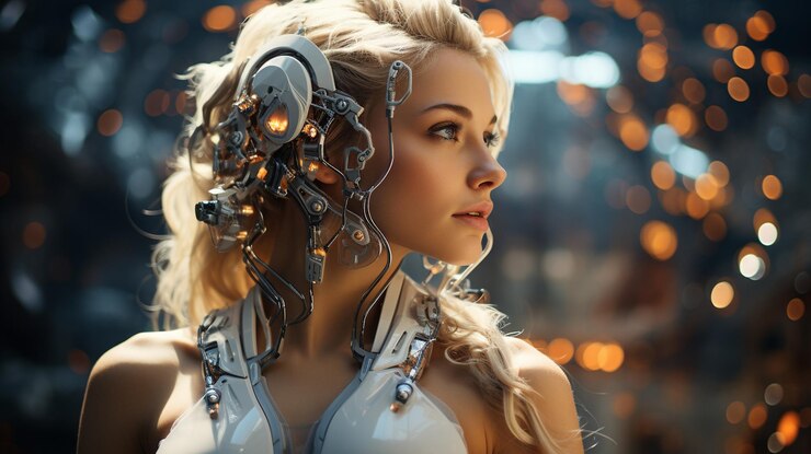 portrait of a young woman in a futuristic interior with silver and blue lights