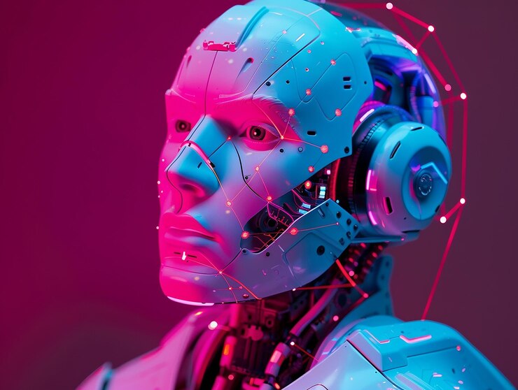 Photo portrait of aipowered robot isolated on flat background