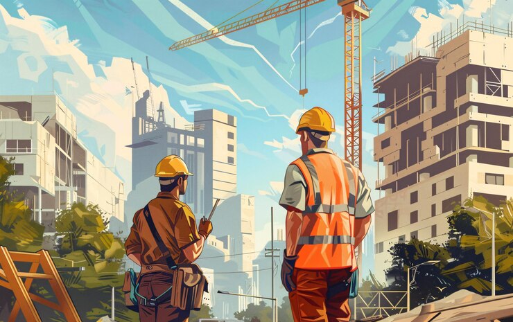 Portrait of construction engineers working on building