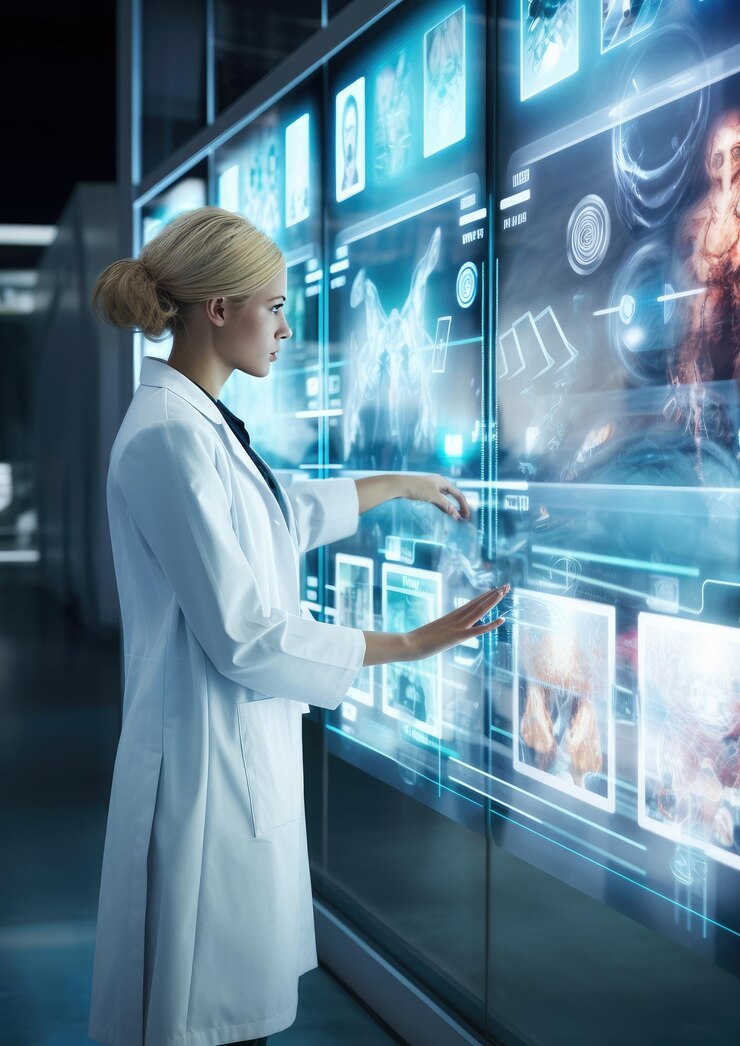 Portrait of pretty doctor working in modern hospital at mri ct xray scan Generative Ai
