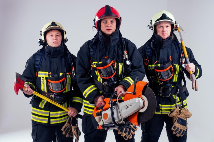 Photo portrait of three firefighters standing together white background studio