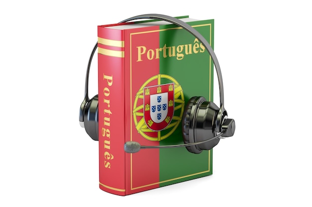 Portuguese language textbook with headset learning and translate concept 3D rendering