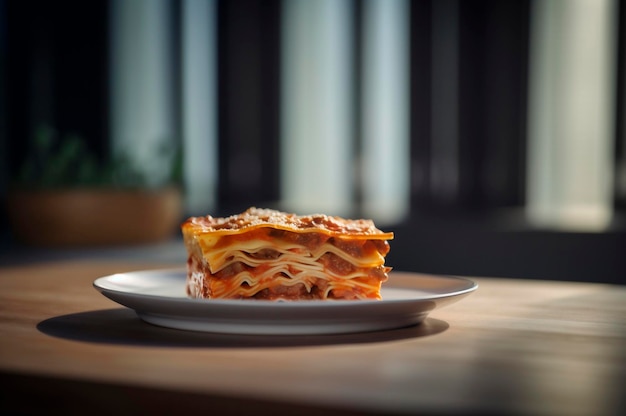 Porzione di lasagna fatta in casa di succosa carne macinata arrosto condita con formaggio fuso generato dall'intelligenza artificiale