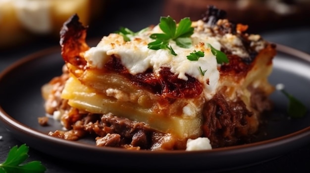 Porzione di patata greca e casserola di carne con moussaka al formaggio su piatto grigio sullo sfondo scuro