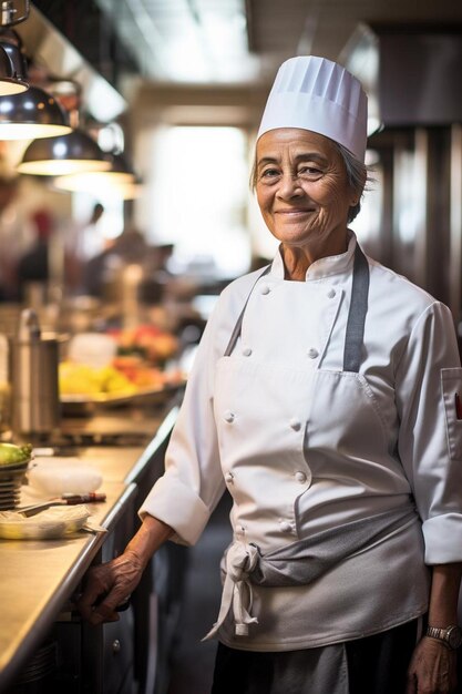 Posa amichevole del sorriso amichevole senior asiatico femminile dello chef