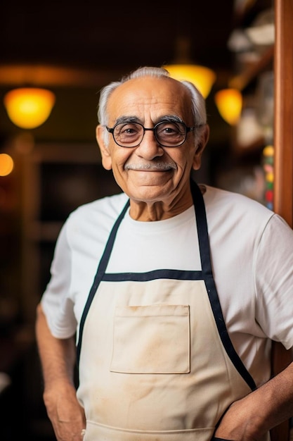 Posa amichevole di sorriso senior caucasico maschio dello chef