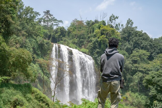 Posa dell'uomo davanti all'acqua alta caduta sulla foresta tropicale