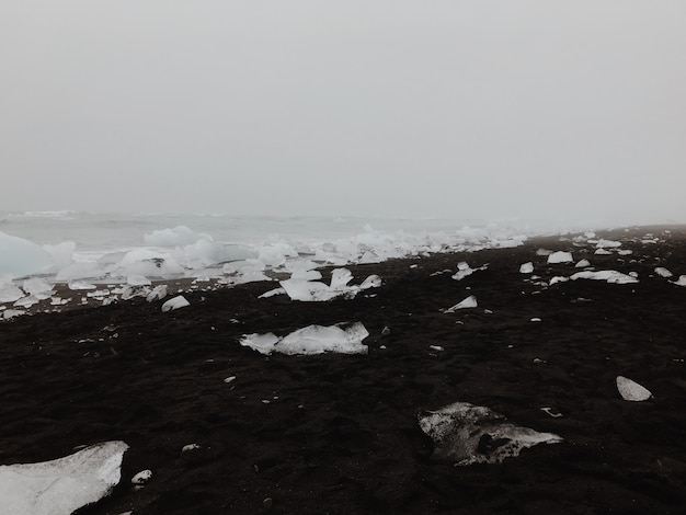 posa di ghiaccio sulla spiaggia di sabbia nera