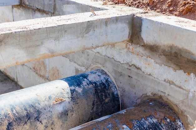 Posa di tubazioni interrate in camera di cemento Installazione di condotta idrica in cantiere Realizzazione di pozzetti di acqua piovana valvola di fognatura impianto sanitario e stazione di pompaggio