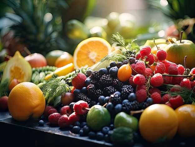 Posa piatta di frutta e verdura miste organiche fresche e succose natura morta frutta assortita colorata e