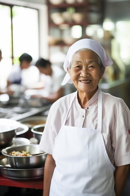 Posa sicura senior asiatica femminile dello chef