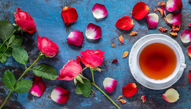 posare spazio di copia piatto e petali di rosa con tè caldo