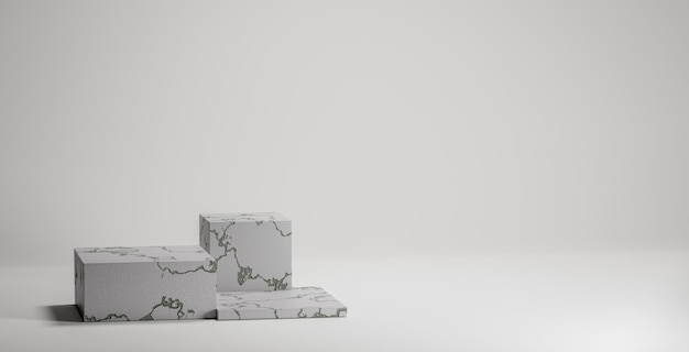 Posizionamento del prodotto Scena con tre podi su sfondo grigio neutro Scena minimalista per cosmetici o modello di presentazione del prodotto copia spazio rendering 3d