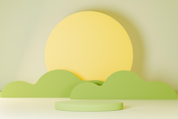 Posizionamento di prodotti estivi Podium di prodotti di bellezza cosmetici verdi con nuvola verde e sole Sfondio di mockup minimo per la presentazione di prodotti e cosmetici Illustrazione 3D