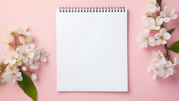 Posizionare piatto con blocco note vuoto su uno sfondo rosa morbido con fiori bianchi spazio di copia