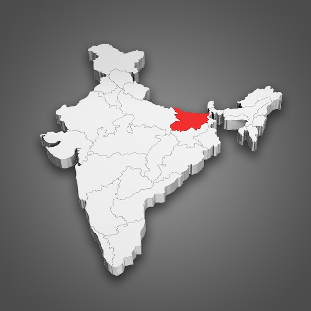Posizione dello stato del Bihar all'interno della mappa indiana Illustrazione 3D