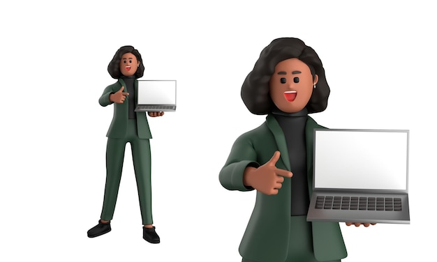 Posizione esecutiva di donna d'affari nera 3D in piedi con laptop, tablet, telefono cellulare isolato