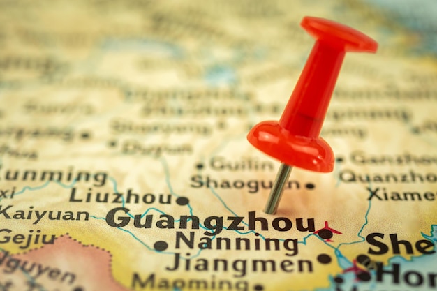 Posizione Guangzhou in Cina mappa di viaggio con punto di spinta marcatore primo piano Asia concetto di viaggio