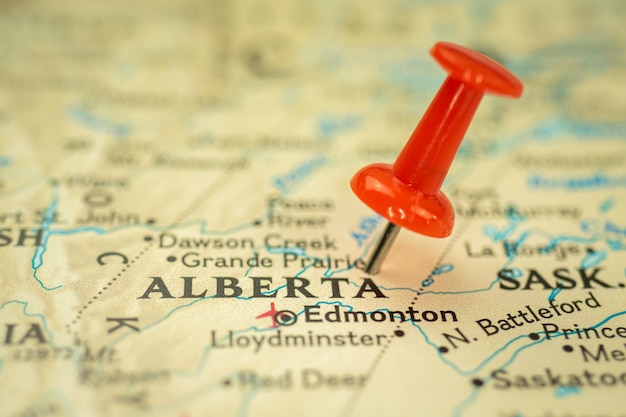 Posizione provincia dell'Alberta in Canada mappa con puntina rossa che punta il primo piano del Nord America