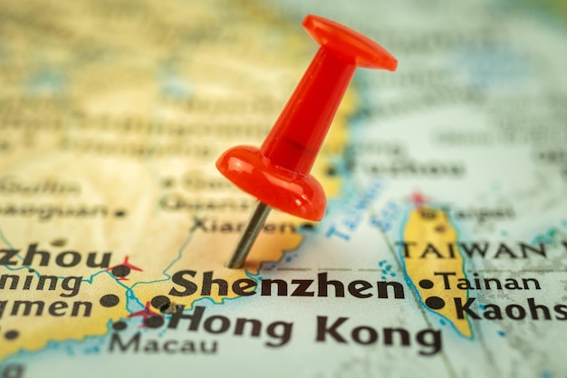 Posizione Shenzhen in Cina mappa di viaggio con punto di spinta marcatore primo piano Asia concetto di viaggio