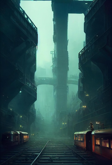 Post-apocalittico cinematografia dieselpunk metropoli architettura futuristica edifici ad alta densità tunnelstrains ponti sopraelevati persone ovunque che camminano Rete neurale AI Computer Generated Art