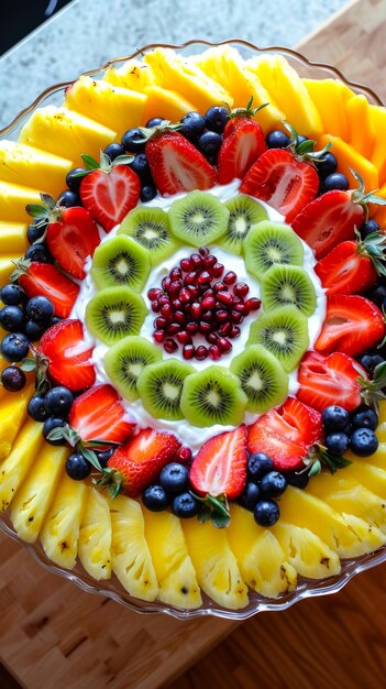 post sul blog di una ciotola di frutta yogurt al centro fette di mango ananas cerchi kiwi fragole