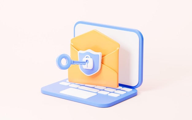 Posta cartoni animati con scudo sbloccare e-mail crittografate rendering 3D