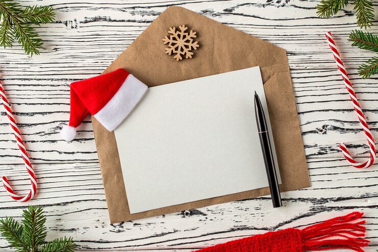 Foto posta di natale, buste con lettere su un tavolo di legno chiaro.