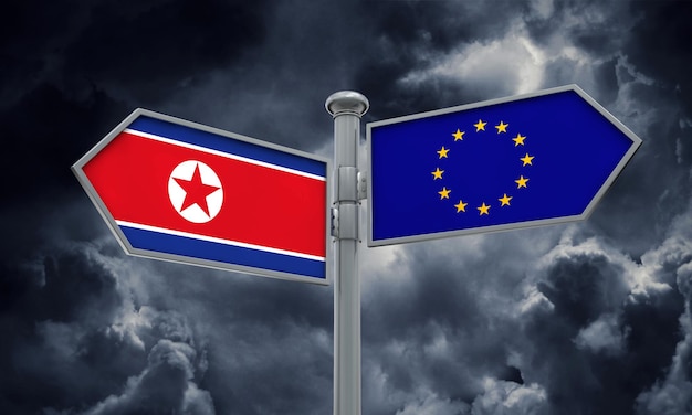 Posta guida della Corea del Nord e dell'Unione Europea Muoversi in diverse direzioni Rendering 3D