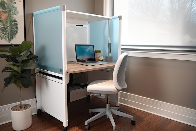 Postazione di lavoro con sedia accogliente da scrivania regolabile in altezza e schermo per la privacy creato con intelligenza artificiale generativa
