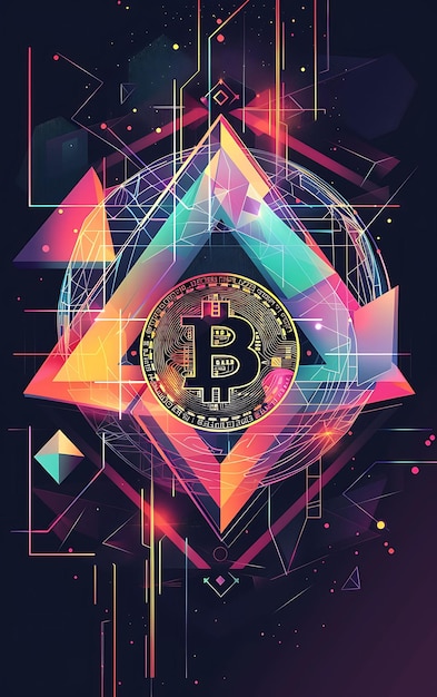 Poster 2D geometrico con Bitcoin e decorazione a triangolo Wit Foto di sfondo del poster di tendenza