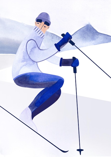 Poster ad acquerello A3 con uno sciatore nella stazione Cartolina da parete Paesaggio di montagna