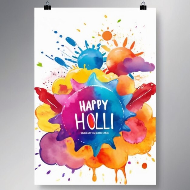 poster ad acquerello di Happy Holi spruzzato su nuvole e sole